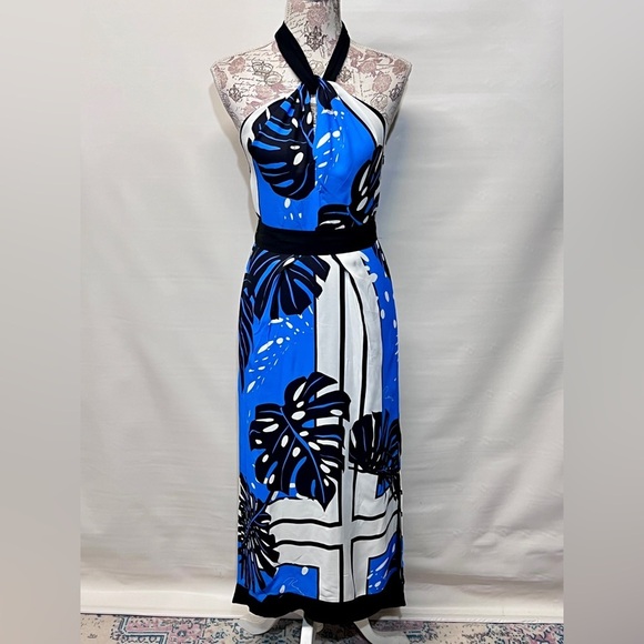 REISS ERIN Royal blue and white palm print halter neck maxi dress size 2. - Picture 5 of 13